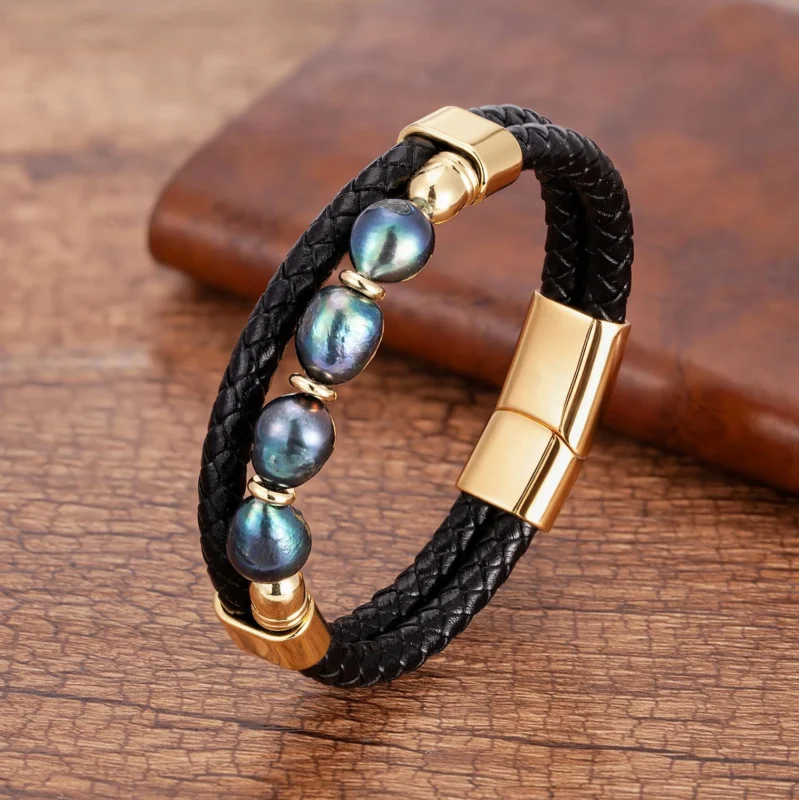 Men's Leather Pearl Bracelet
