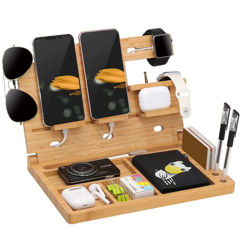 Multifunctional Wooden Desk Organizer with Docking Stand